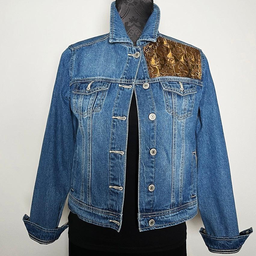 Upcycled denim jacket gold brocade sustainable fashion made in melbourne