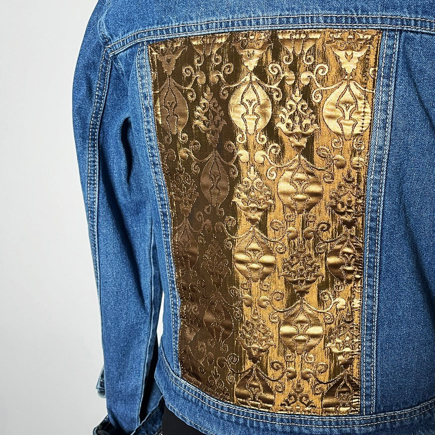 Upcycled denim jacket gold brocade sustainable fashion made in melbourne