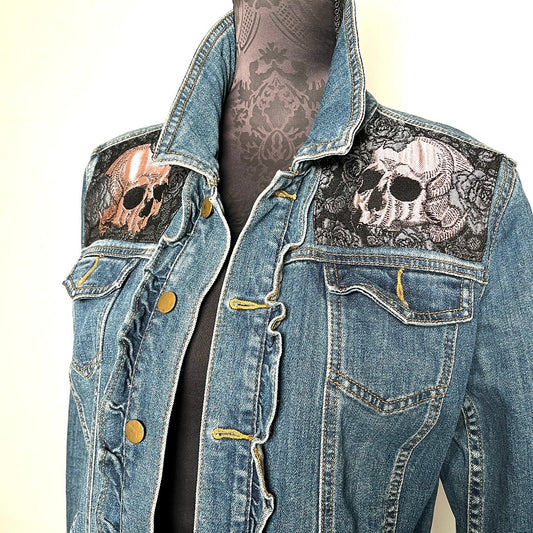 Upcycled denim jacket skulls and roses sustainable fashion made in melbourne