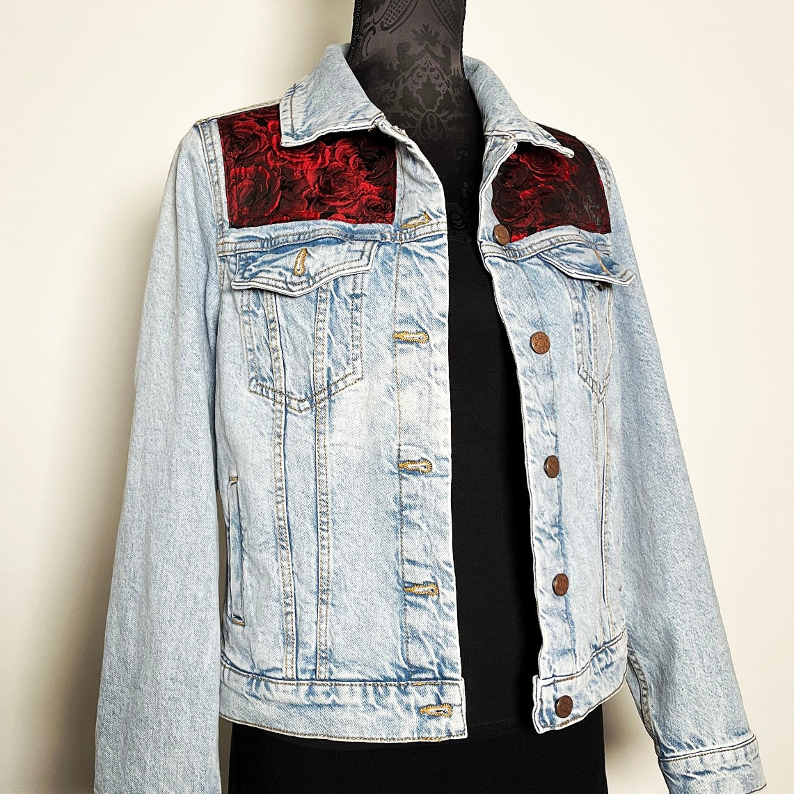 Upcycled denim jacket red roses floral sustainable fashion made in melbourne