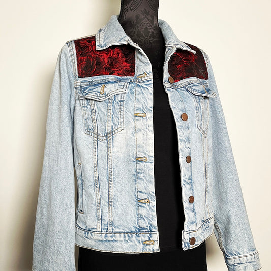 Upcycled denim jacket red roses floral sustainable fashion made in melbourne