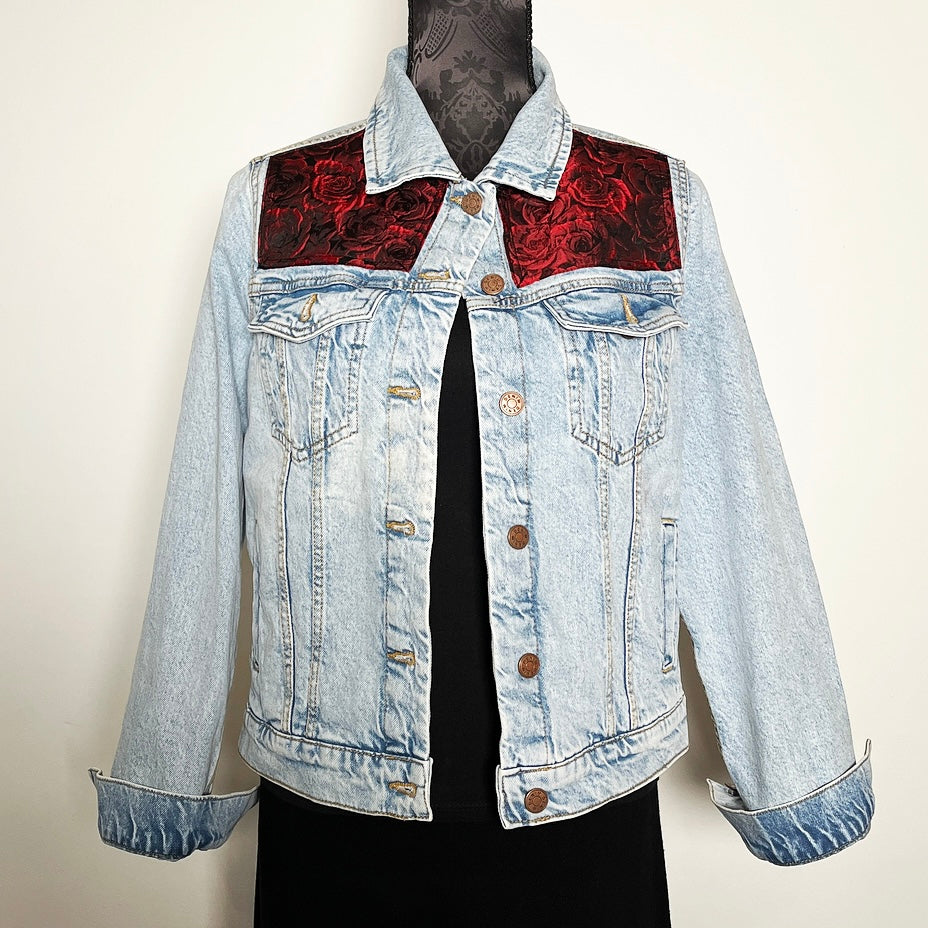 Upcycled denim jacket red roses floral sustainable fashion made in melbourne