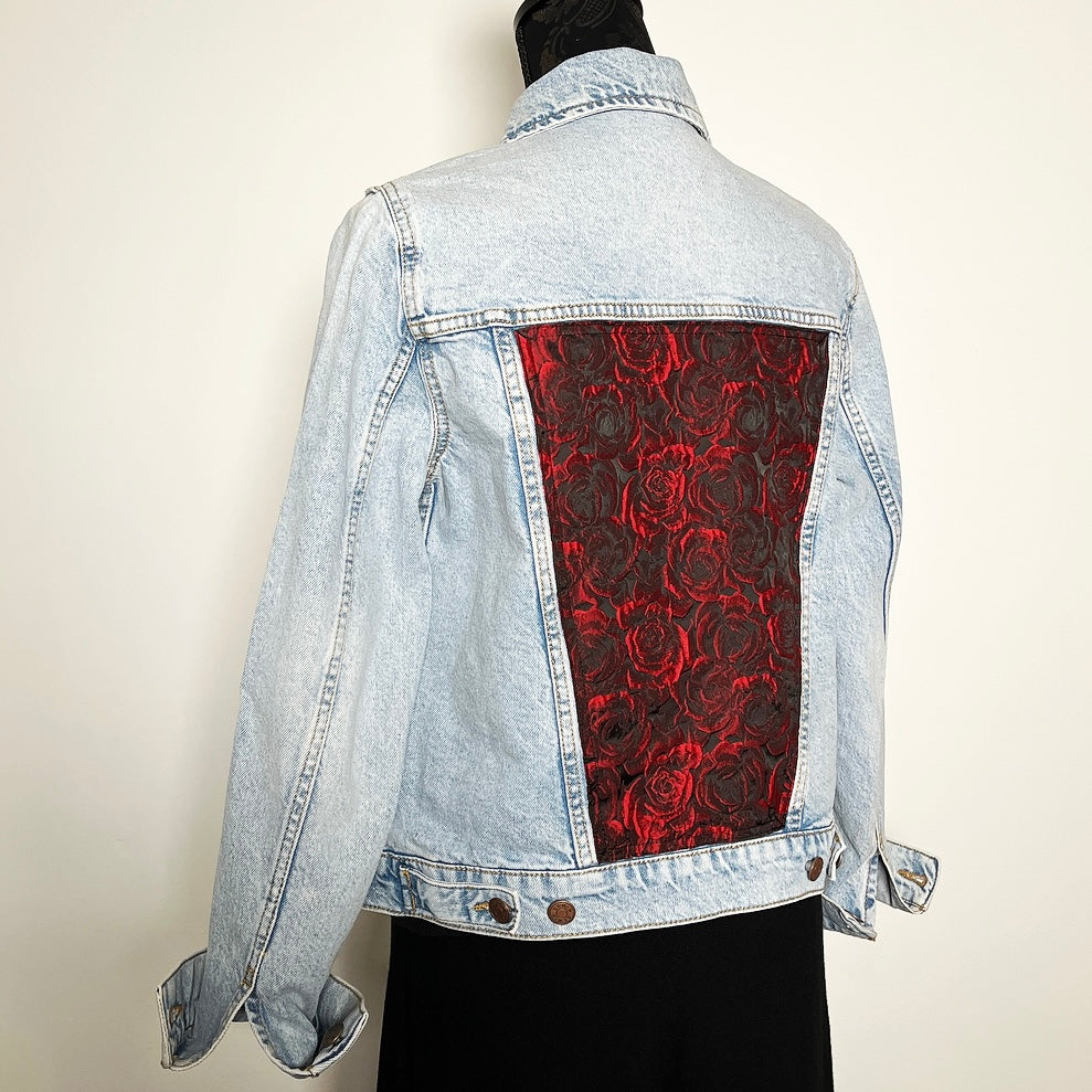 Upcycled denim jacket red roses floral sustainable fashion made in melbourne