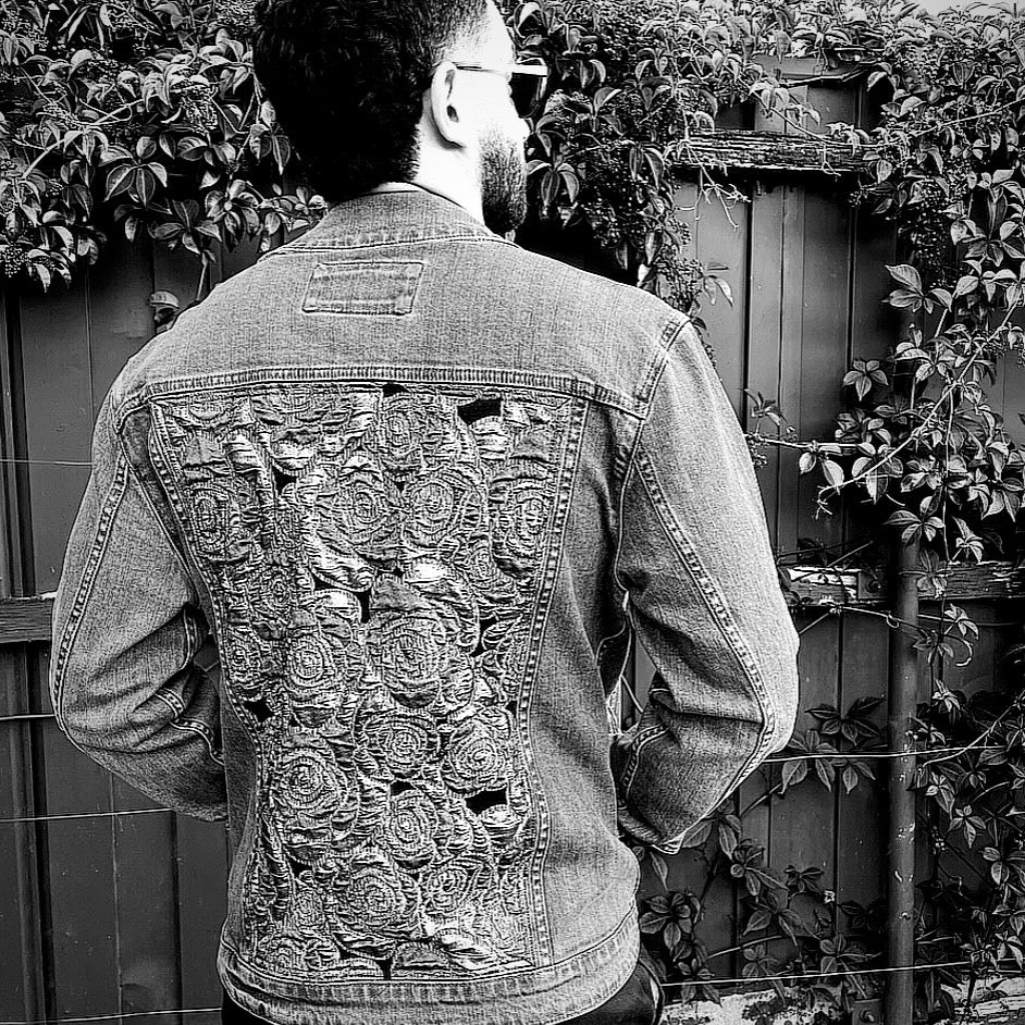 Upcycled mens denim jacket silver blue floral brocade sustainable fashion made in melbourne