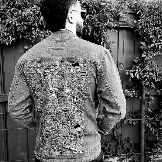 Upcycled mens denim jacket silver blue floral brocade sustainable fashion made in melbourne