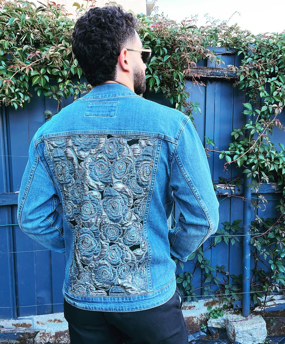 Upcycled mens denim jacket silver blue floral brocade roses sustainable fashion made in melbourne