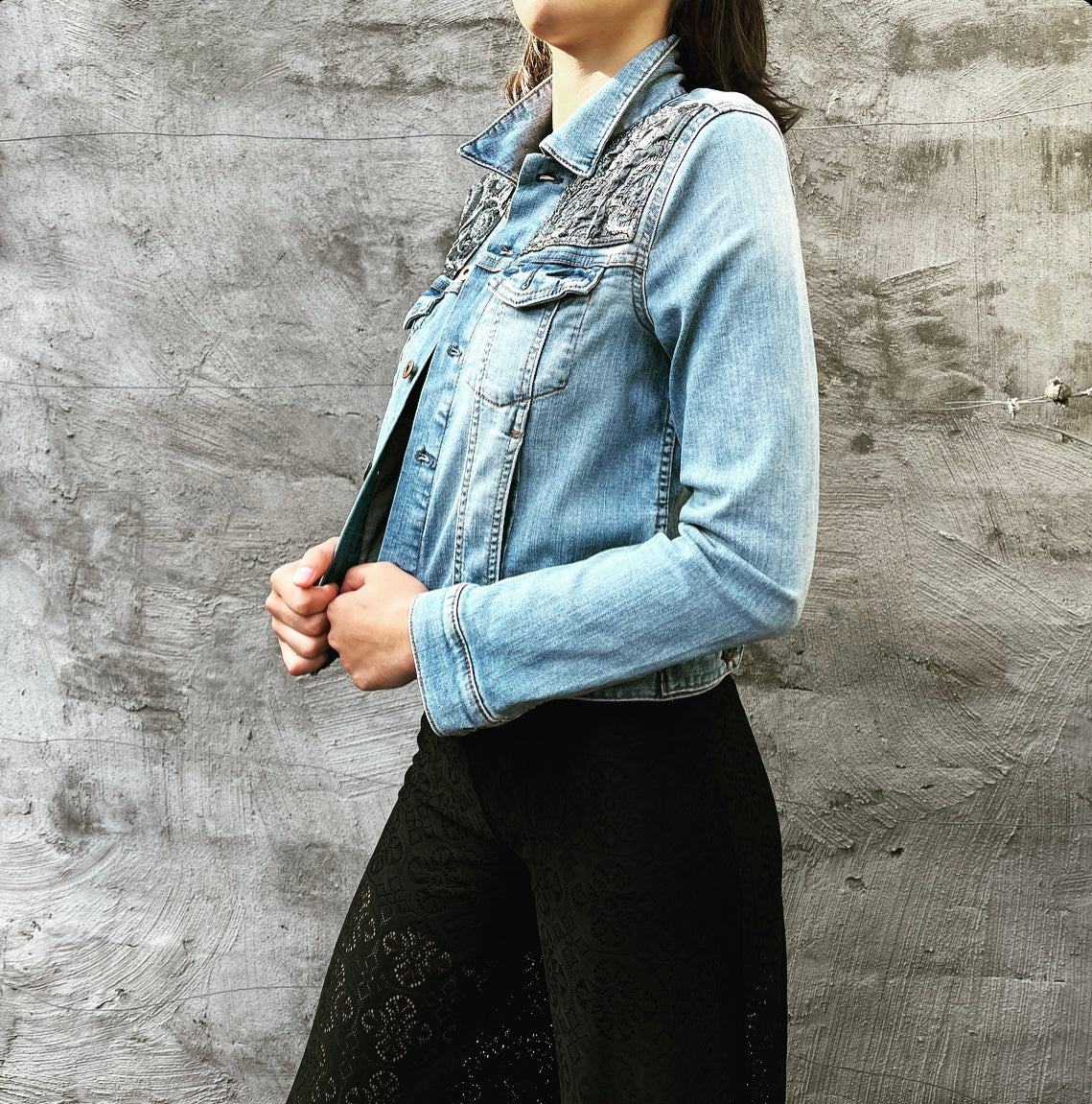 Upcycled denim jacket silver blue floral brocade sustainable fashion made in melbourne