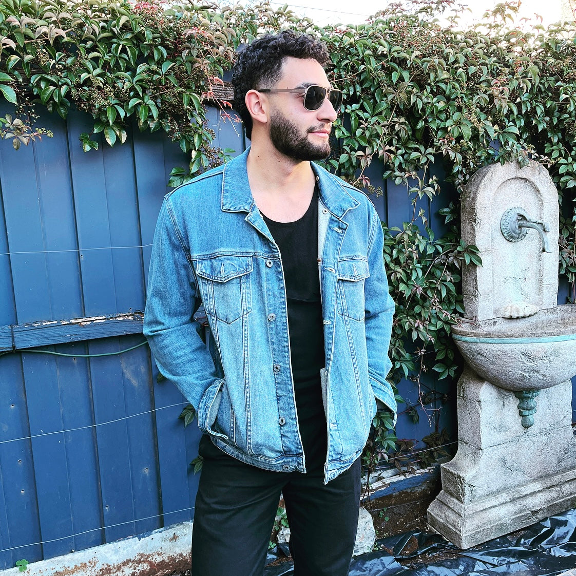 Upcycled denim jacket silver and blue floral brocade sustainable fashion made in melbourne