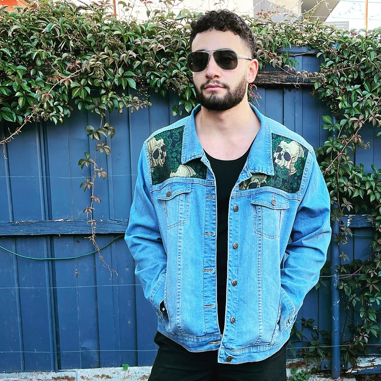 Upcycled mens denim jacket skulls and roses sustainable fashion made in melbourne