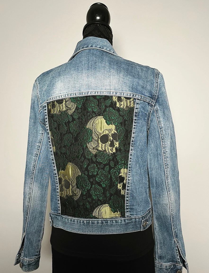 Upcycled denim jacket skulls and roses sustainable fashion made in melbourne