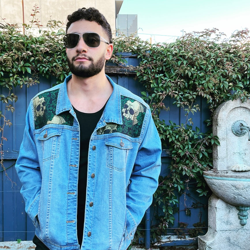 Upcycled mens denim jacket skulls and roses sustainable fashion made in melbourne