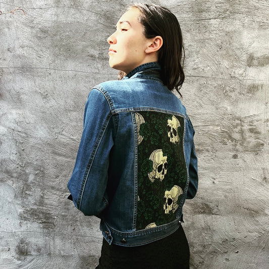 Upcycled denim jacket skulls and roses sustainable fashion made in melbourne