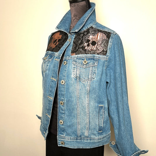 Upcycled denim jacket skulls and roses sustainable fashion made in melbourne