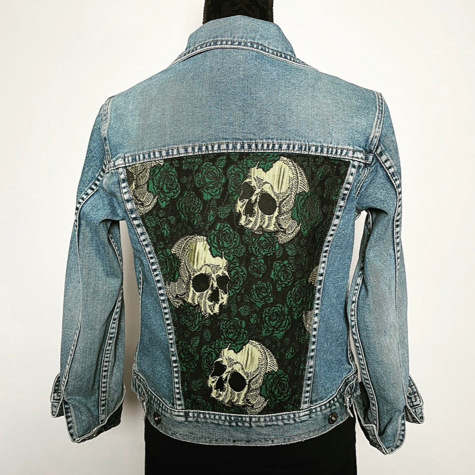 Upcycled denim jacket skulls and roses sustainable fashion made in melbourne