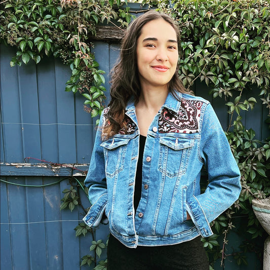 Upcycled denim jacket wine jacquard sustainable fashion made in melbourne