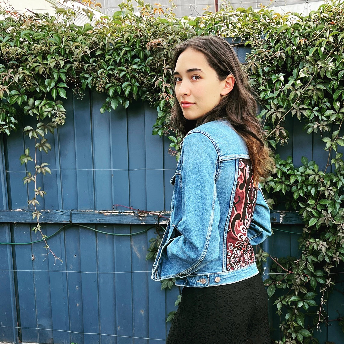 Upcycled denim jacket wine jacquard sustainable fashion made in melbourne