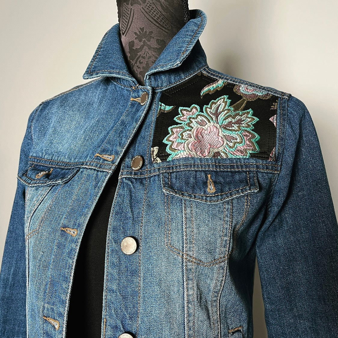 Upcycled denim jacket floral brocade sustainable fashion made in melbourne