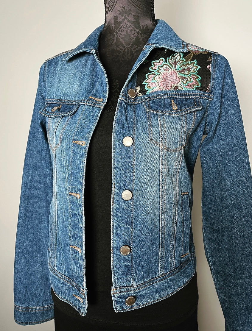 Upcycled denim jacket floral brocade sustainable fashion made in melbourne