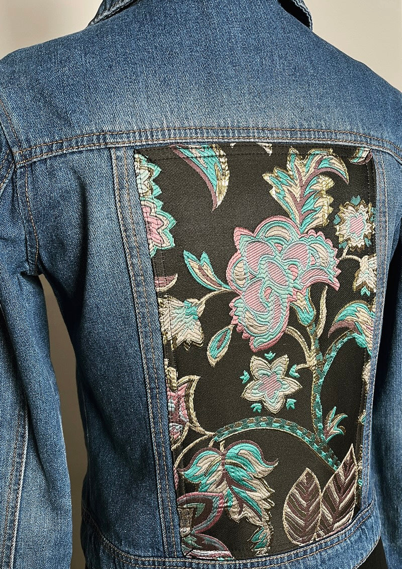 Upcycled denim jacket floral brocade sustainable fashion made in melbourne