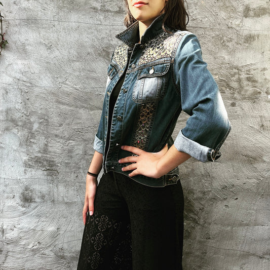 Upcycled denim jacket gold silver scales feathers sustainable fashion made in melbourne