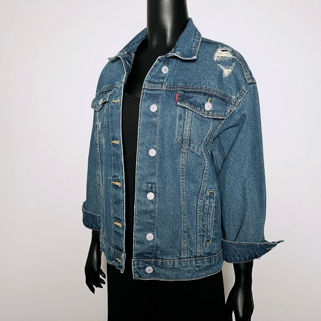Upcycled denim jacket blue gold brocade sustainable fashion made in melbourne