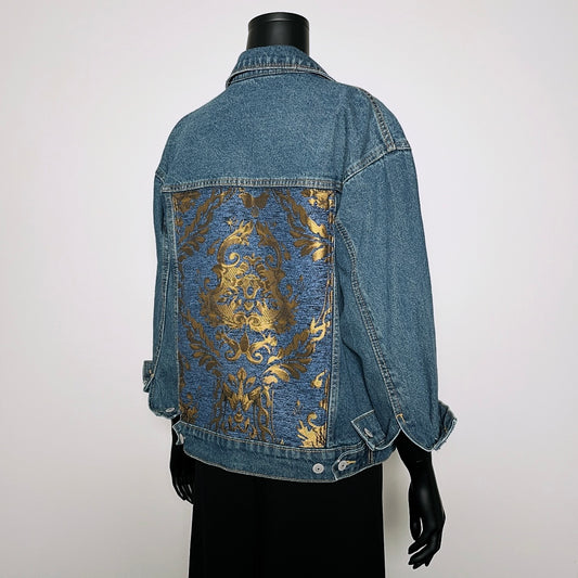 Upcycled denim jacket blue gold brocade sustainable fashion made in melbourne