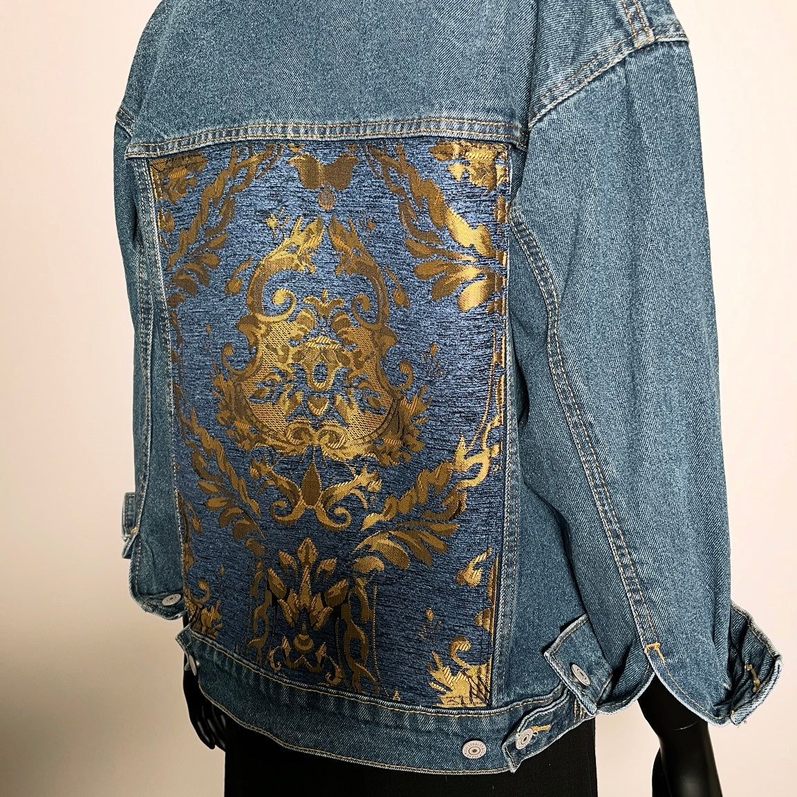 Upcycled denim jacket blue gold brocade sustainable fashion made in melbourne