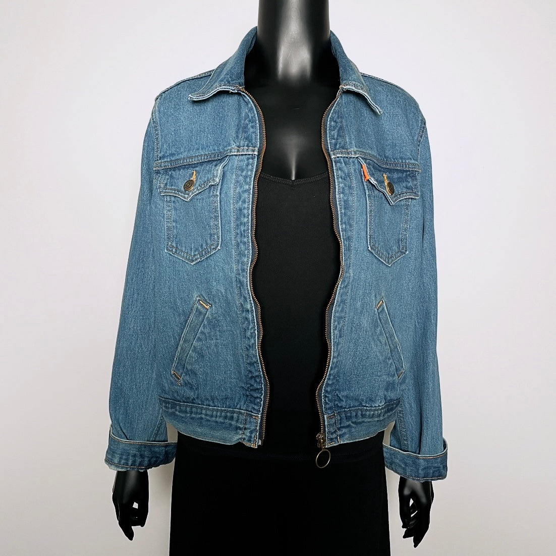 Upcycled denim jacket blue gold brocade sustainable fashion made in melbourne