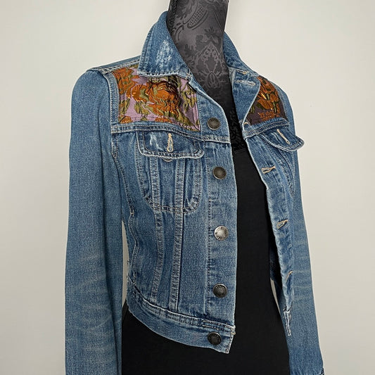 Upcycled denim jacket gold brocade sustainable fashion made in melbourne