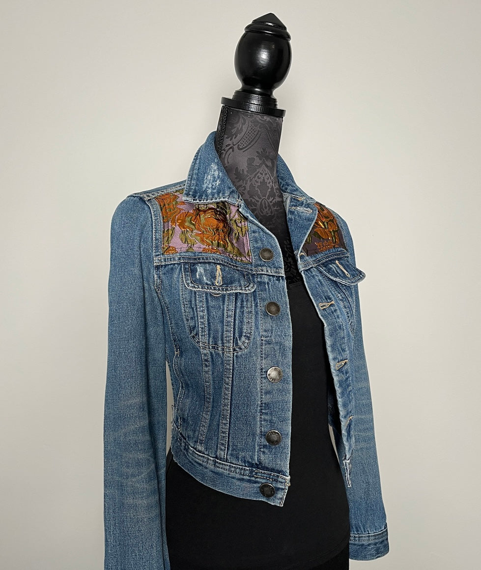 Upcycled denim jacket gold brocade sustainable fashion made in melbourne
