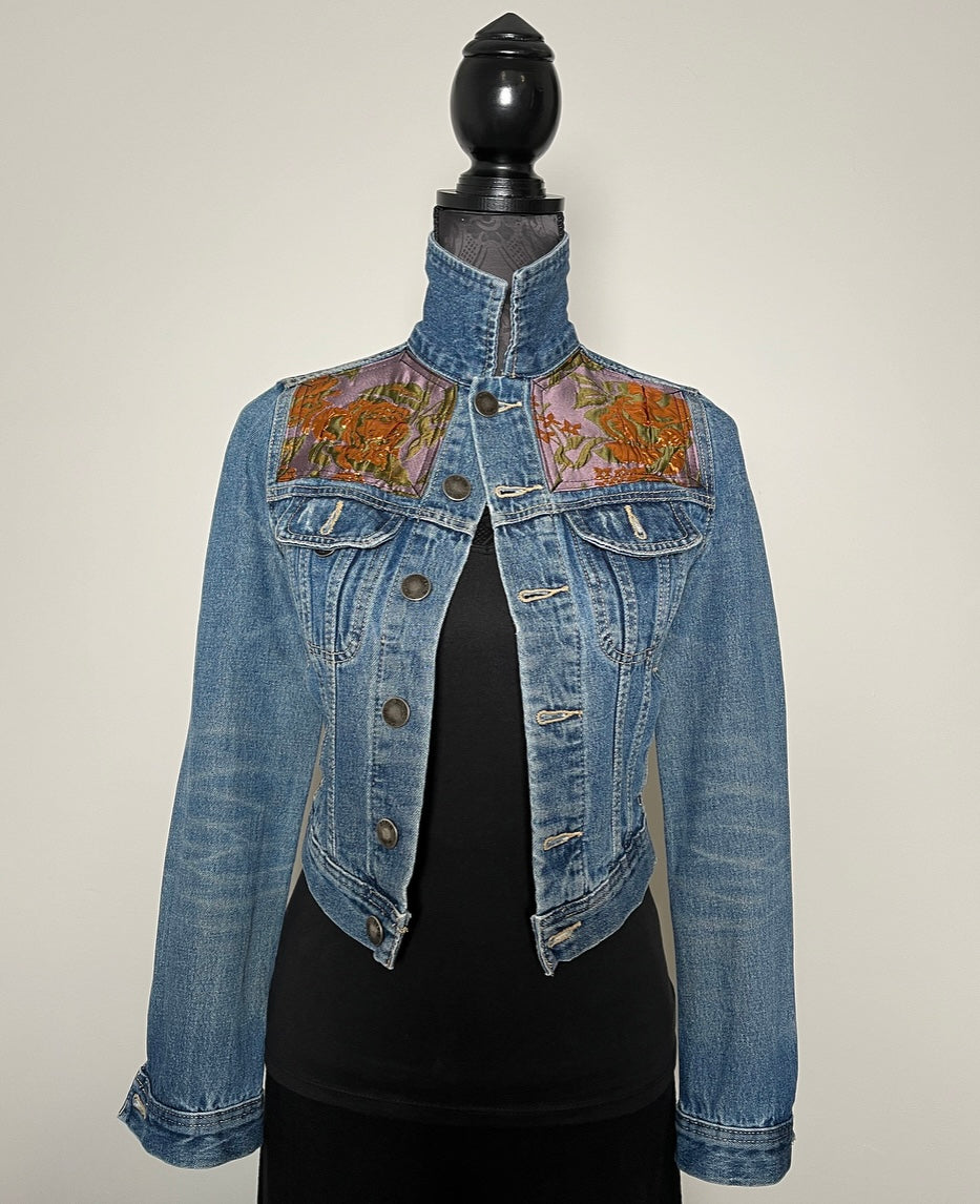 Upcycled denim jacket gold brocade sustainable fashion made in melbourne