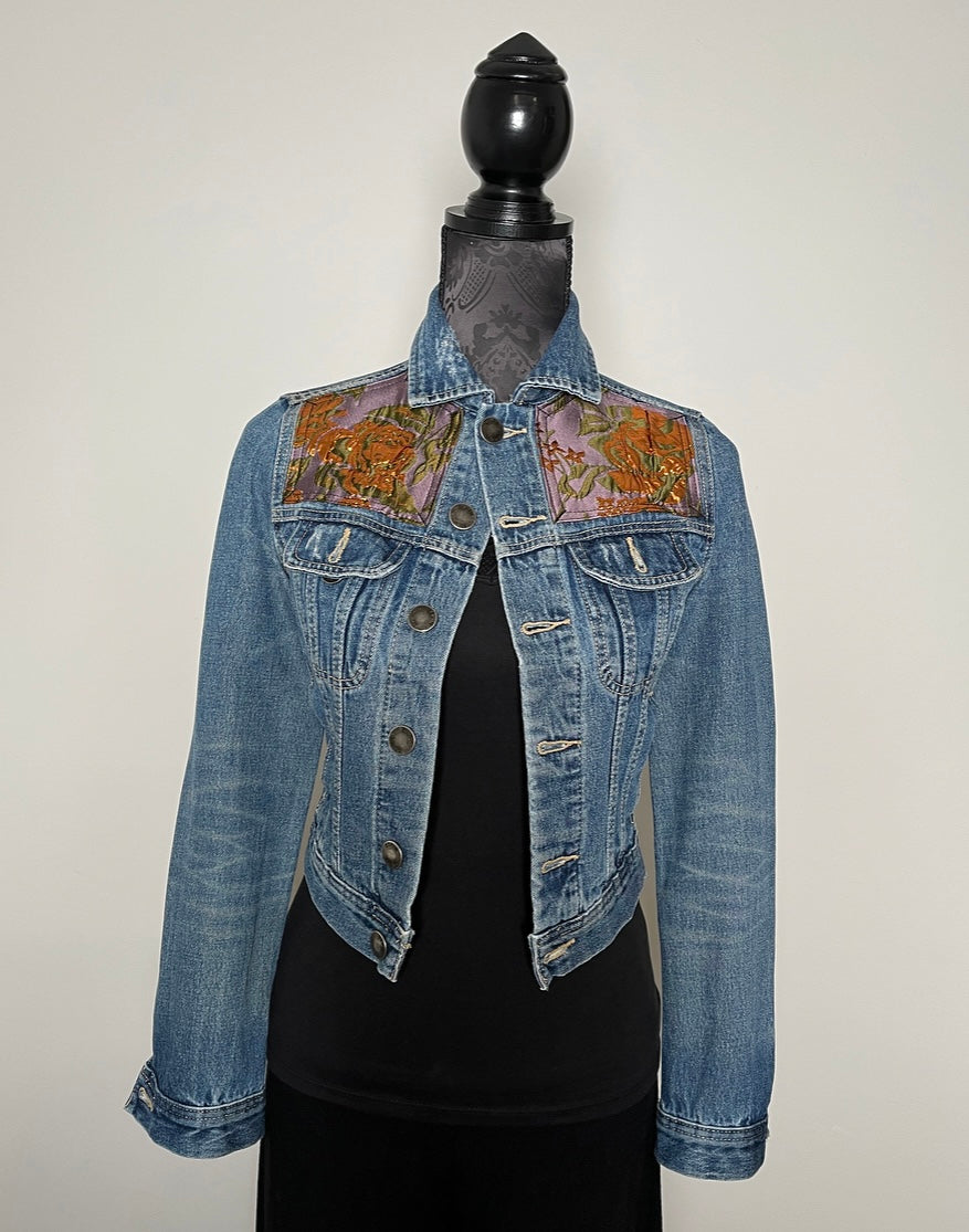 Upcycled denim jacket gold brocade sustainable fashion made in melbourne