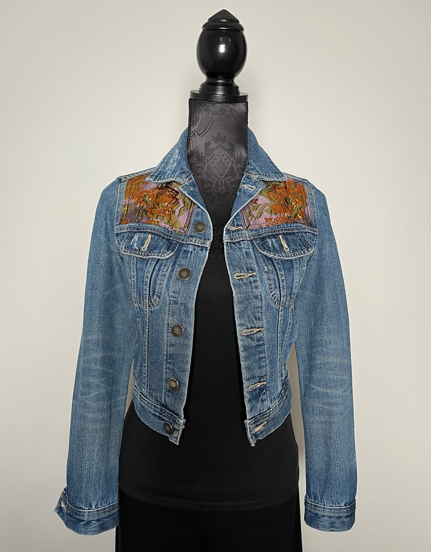Upcycled denim jacket gold brocade sustainable fashion made in melbourne