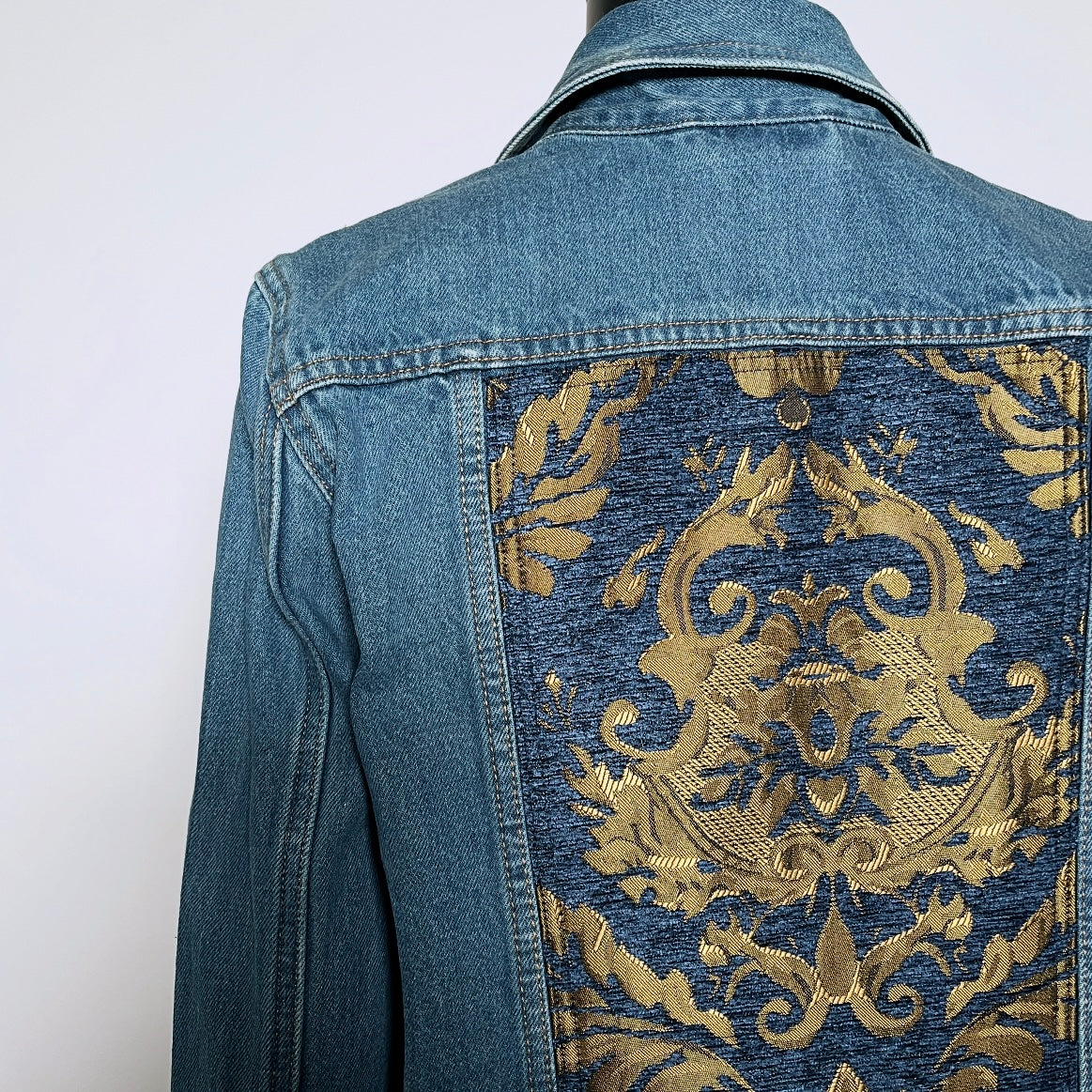 Upcycled denim jacket blue gold brocade sustainable fashion made in melbourne