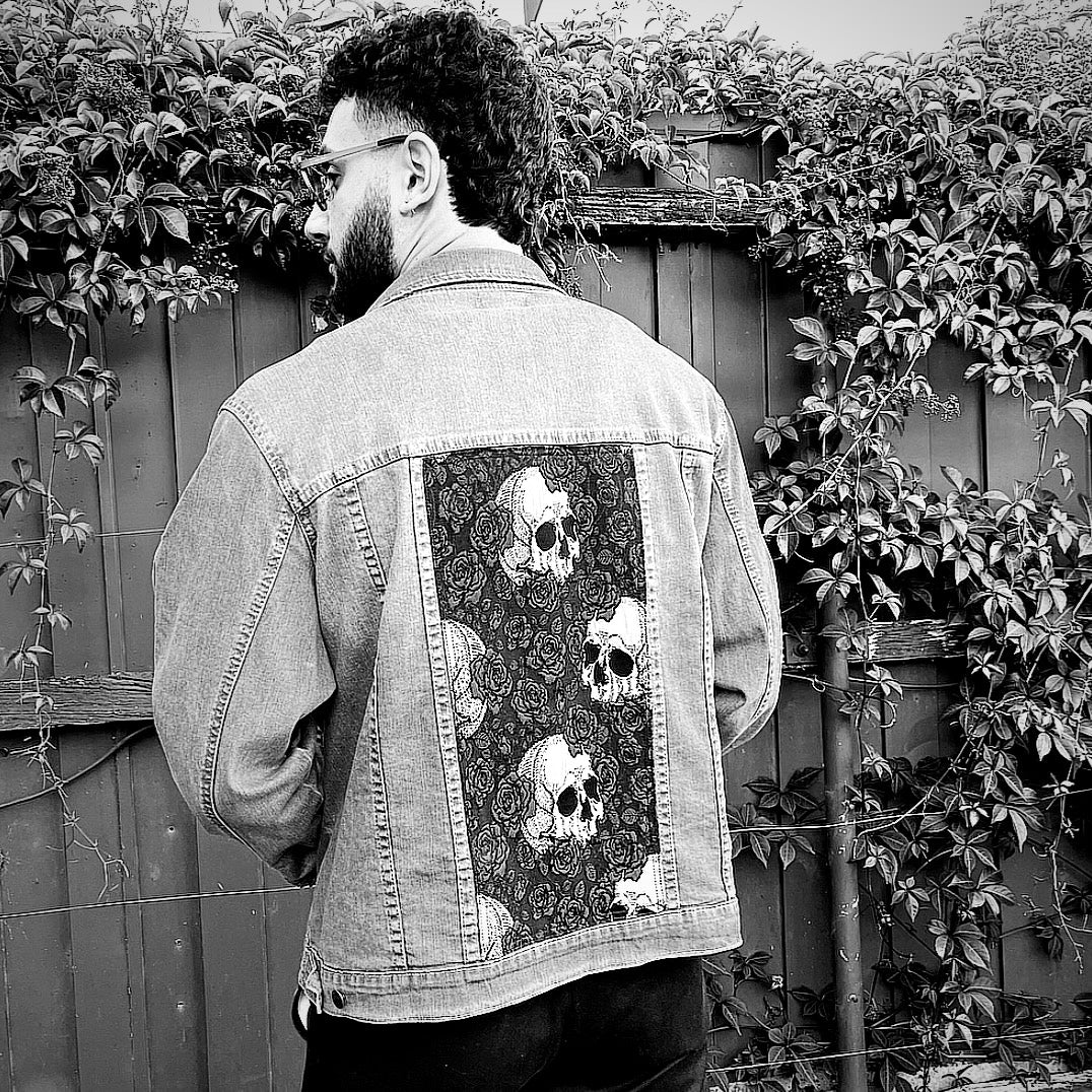 Upcycled mens denim jacket skulls and roses sustainable fashion made in melbourne