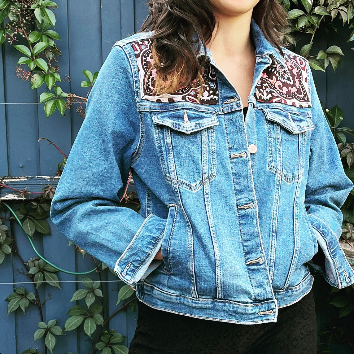 Upcycled denim jacket wine jacquard sustainable fashion made in melbourne