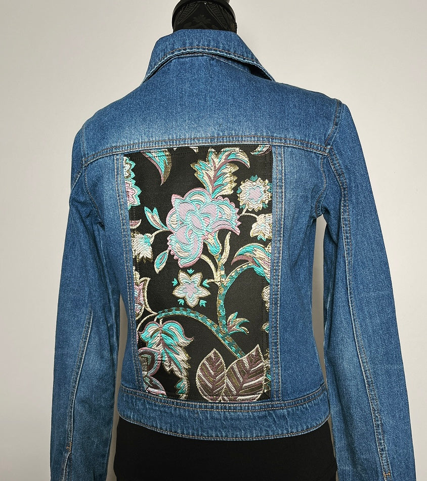 Upcycled denim jacket floral brocade sustainable fashion made in melbourne