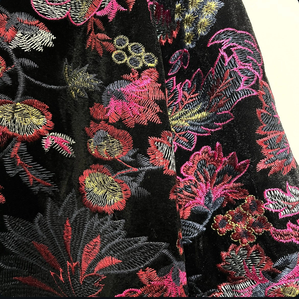 Floral embroidered black velvet swing coat evening coat stylish clothing evening wear handmade in melbourne classy elegant clothing timeless clothing classic style unique clothing unique style ageless style luxe fabrics womens clothing made in melbourne australia eloise the label