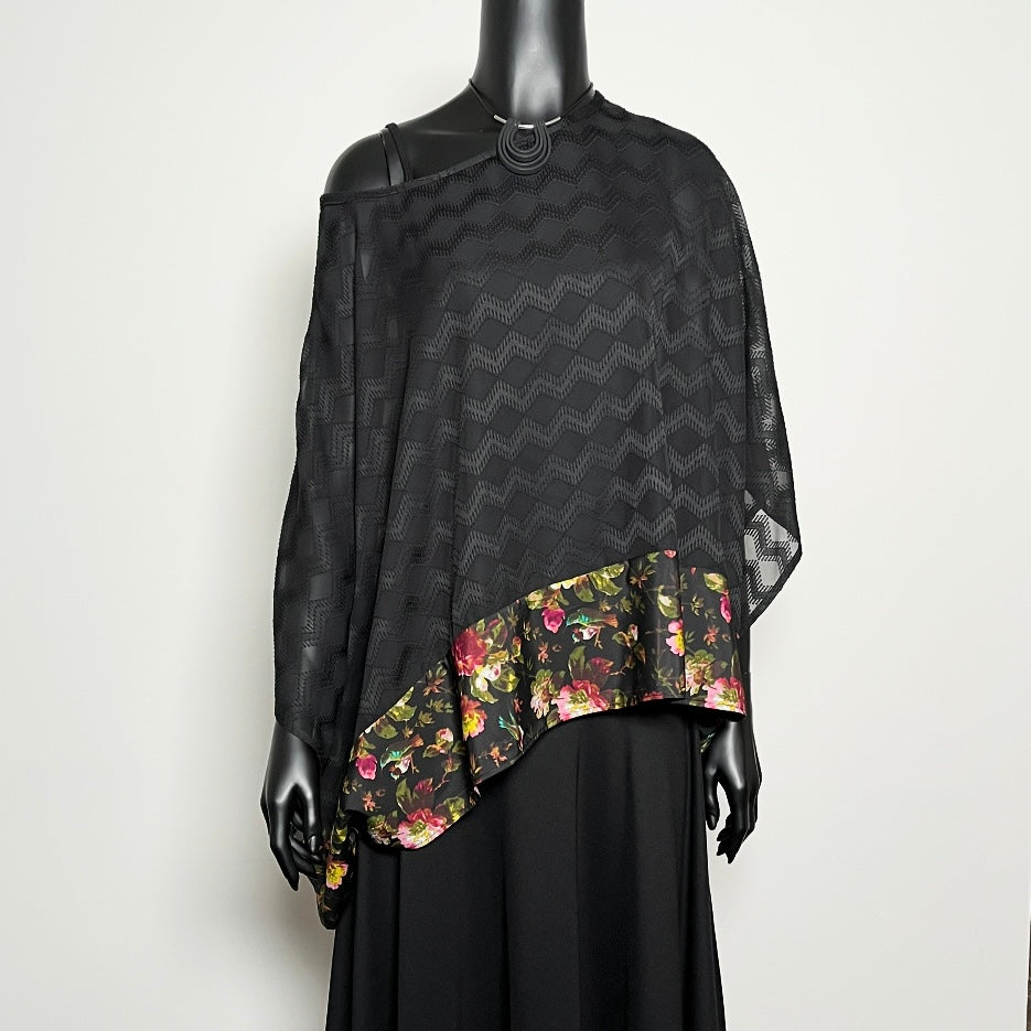 Havana Top - Black Georgette With Floral Hemline Trim