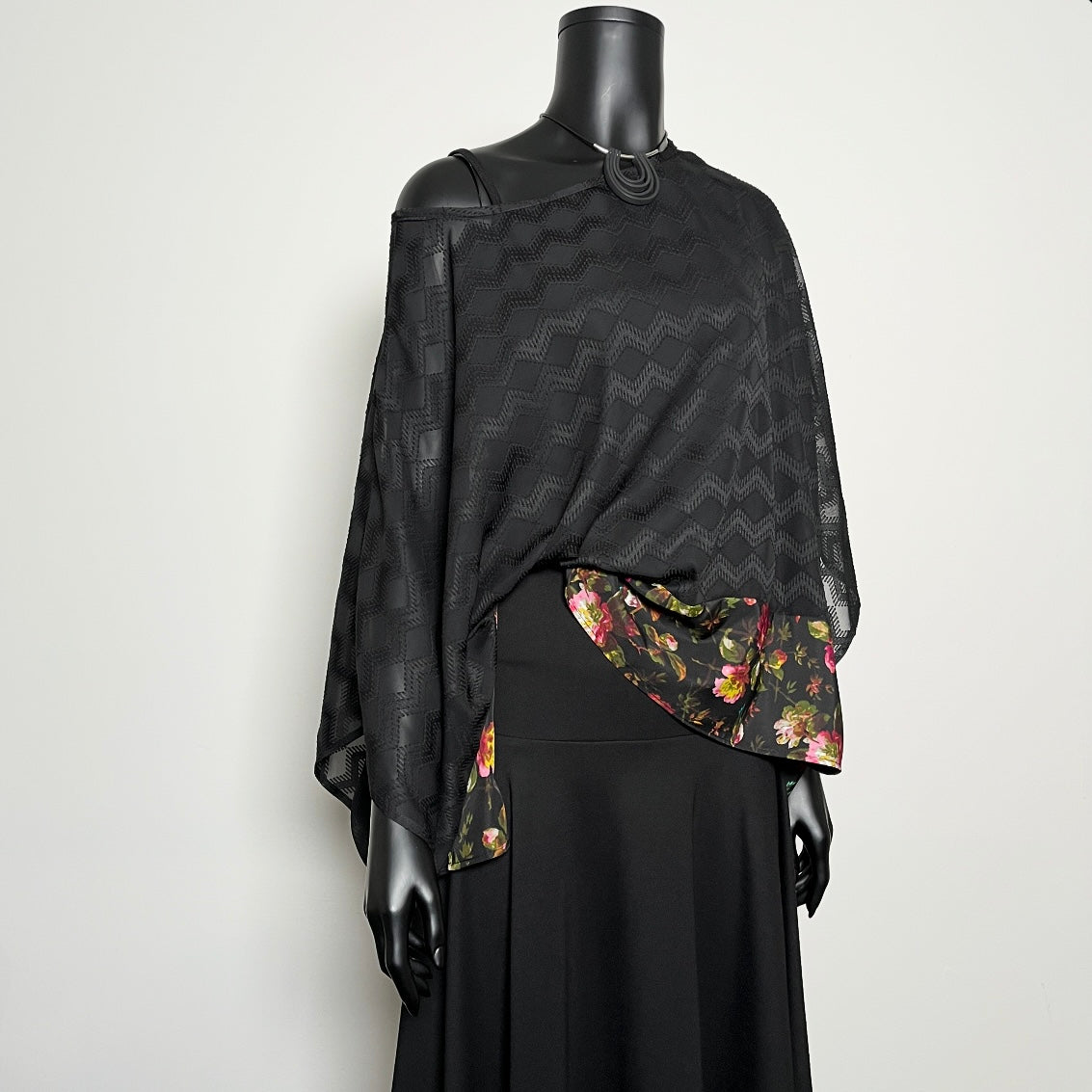 Havana Top - Black Georgette With Floral Hemline Trim