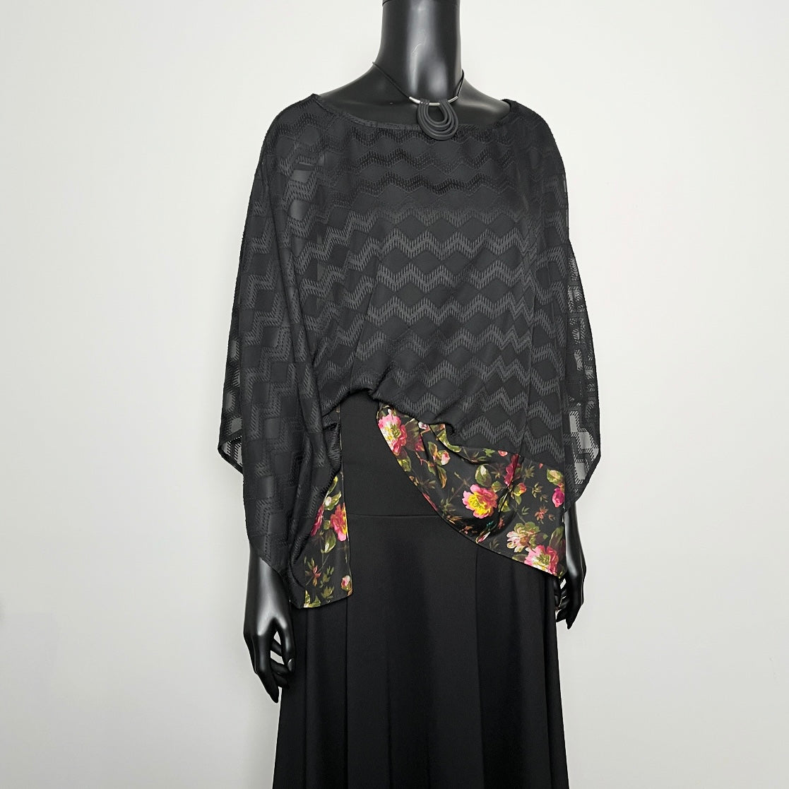 Havana Top - Black Georgette With Floral Hemline Trim
