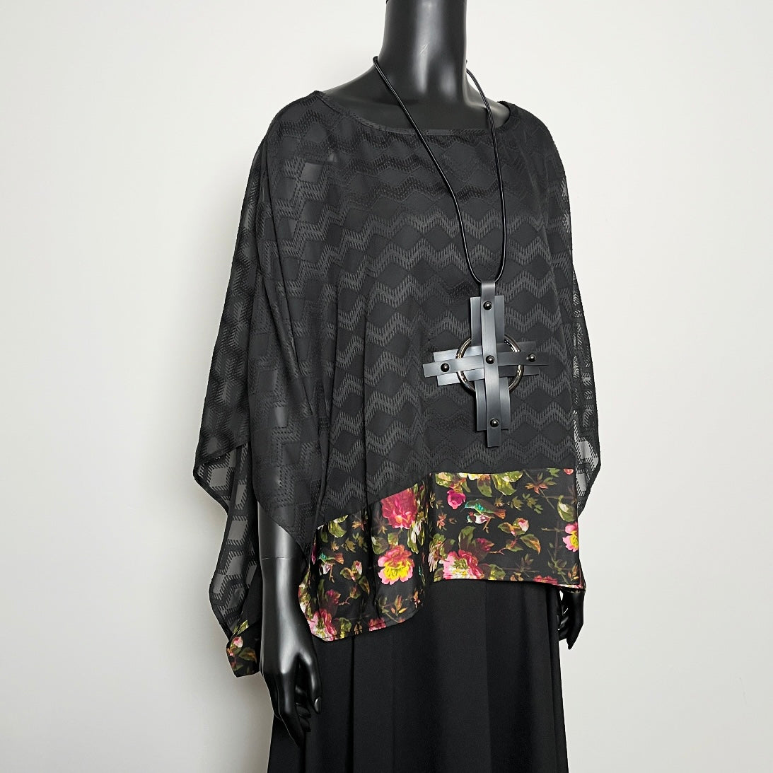 Havana Top - Black Georgette With Floral Hemline Trim