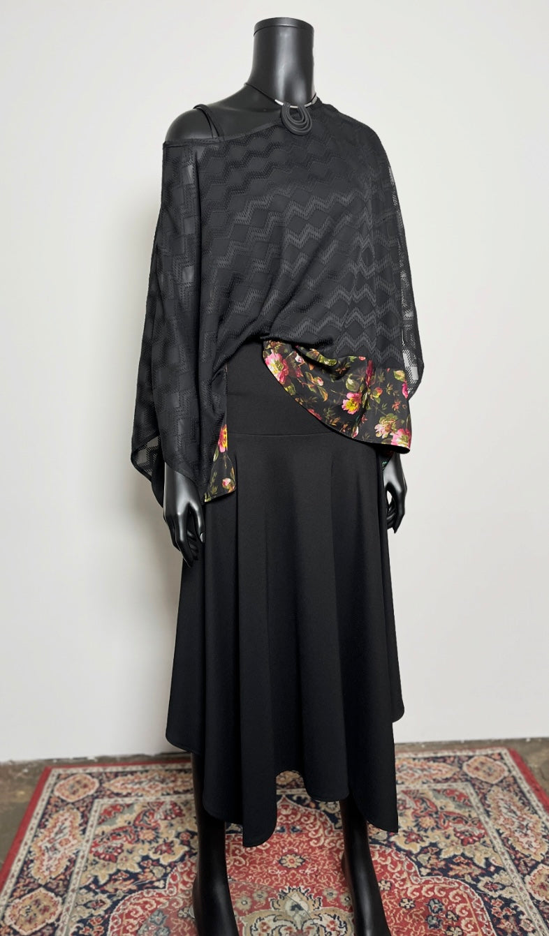 Havana Top - Black Georgette With Floral Hemline Trim