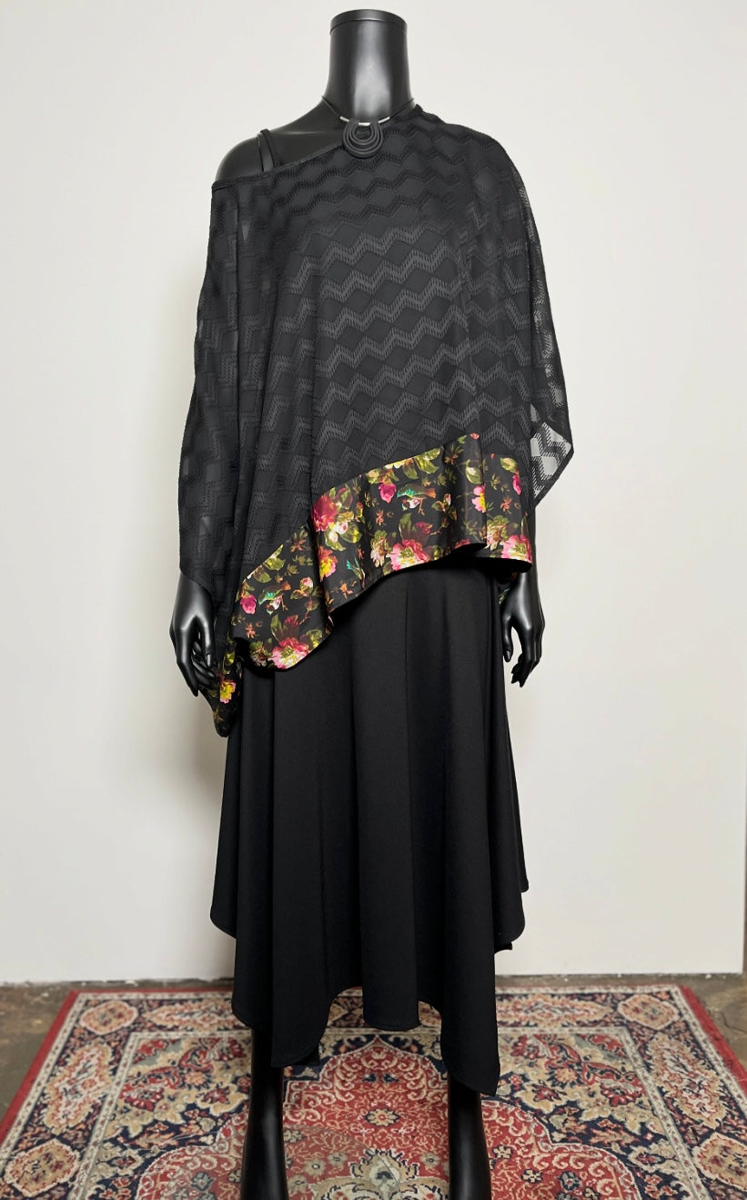 Havana Top - Black Georgette With Floral Hemline Trim