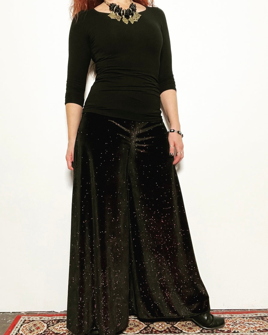Flared Pant - Black Stretch Velour With Pink Sparkle