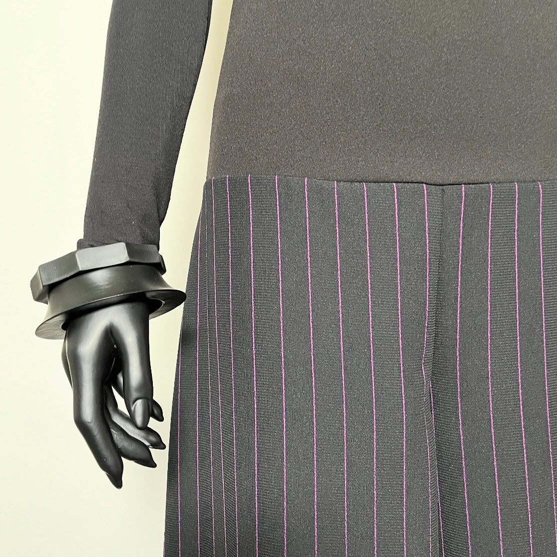 black wide leg pant with purple pinstripe