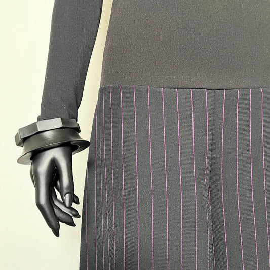 black wide leg pant with purple pinstripe