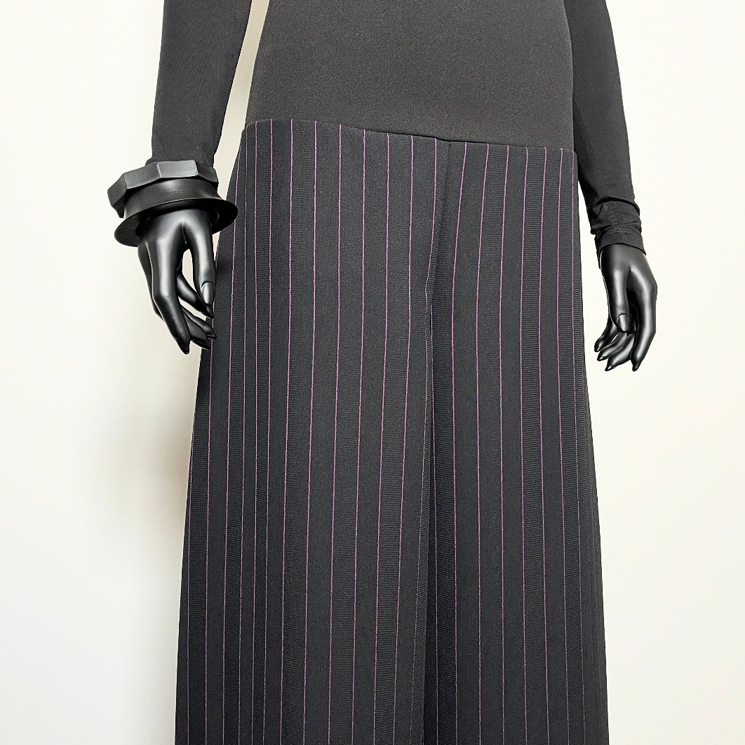 black wide leg pant with purple pinstripe