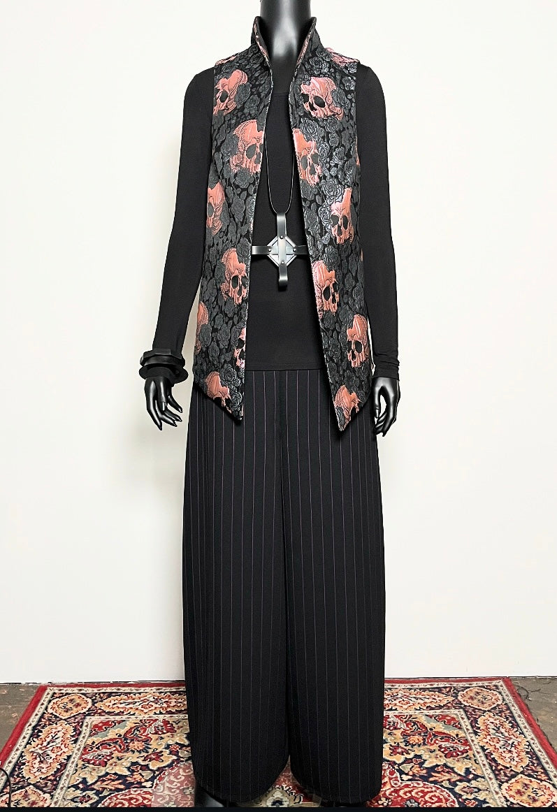 black wide leg pant with purple pinstripe