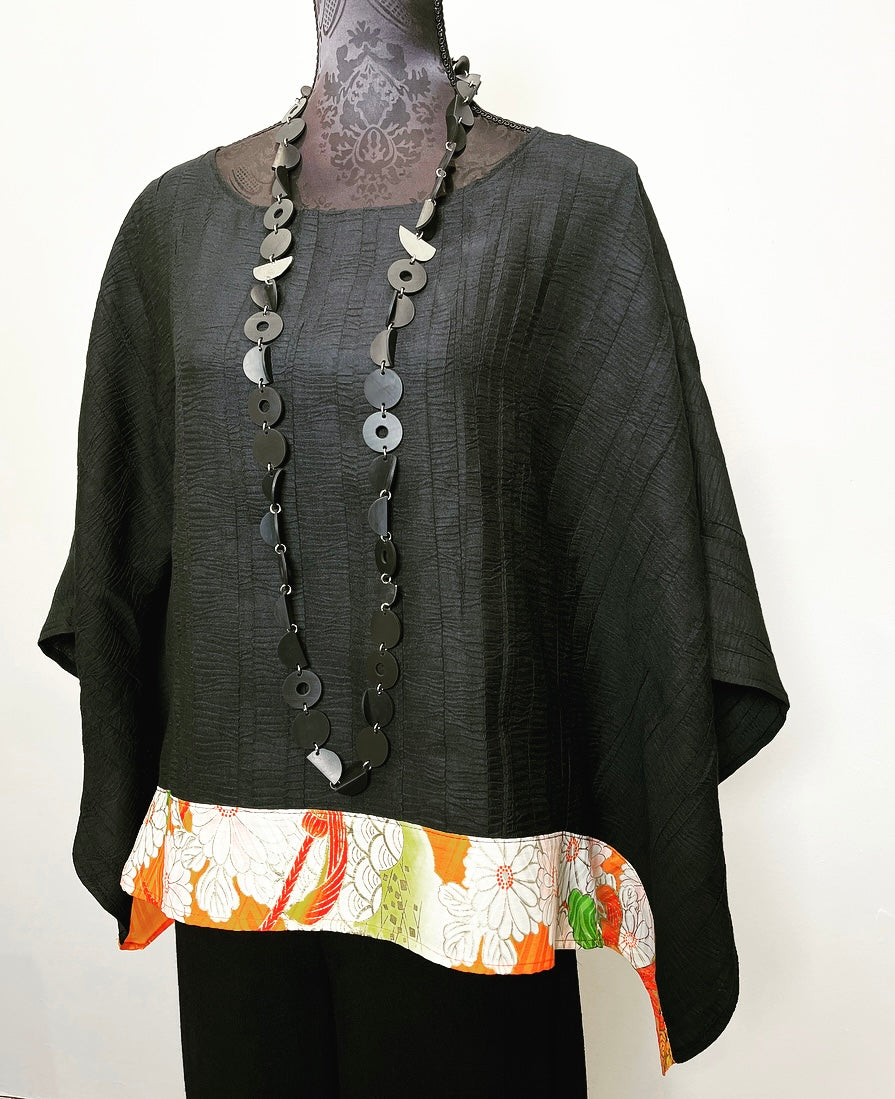 vintage silk kimono fabric top black top relaxed fit top oversized top black crepe ladies top feature sleeve ladies apparel stylish clothing handmade in melbourne classy elegant clothing timeless pieces timeless clothing classic style unique clothing unique style ageless style luxe fabrics statement clothing statement style evening style clothing womens clothing made in australia eloise the label